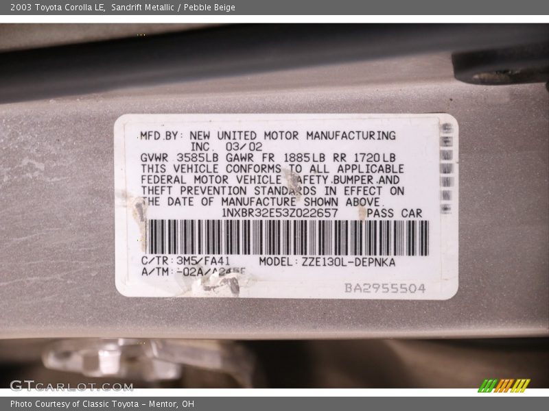 Sandrift Metallic / Pebble Beige 2003 Toyota Corolla LE