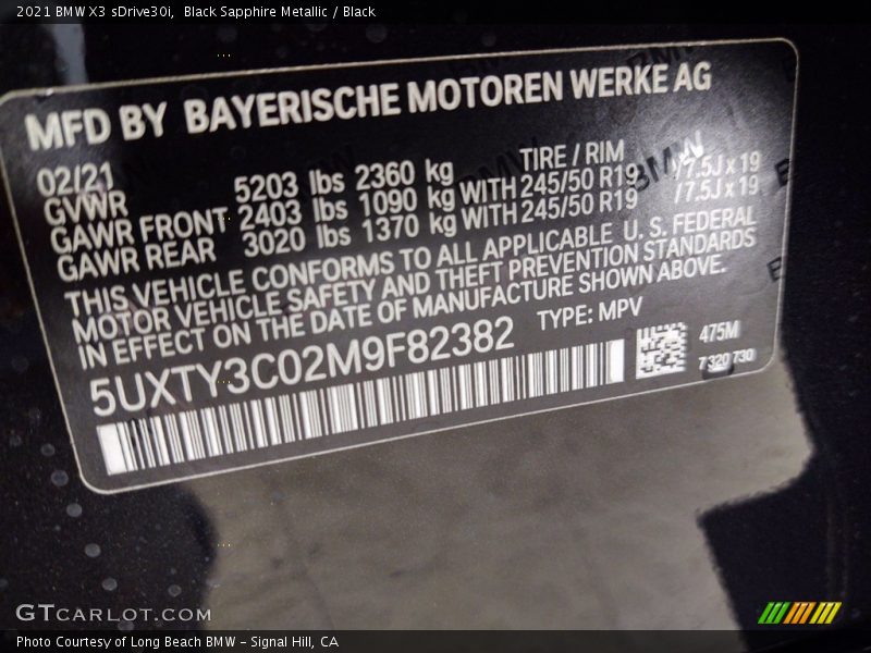 Black Sapphire Metallic / Black 2021 BMW X3 sDrive30i