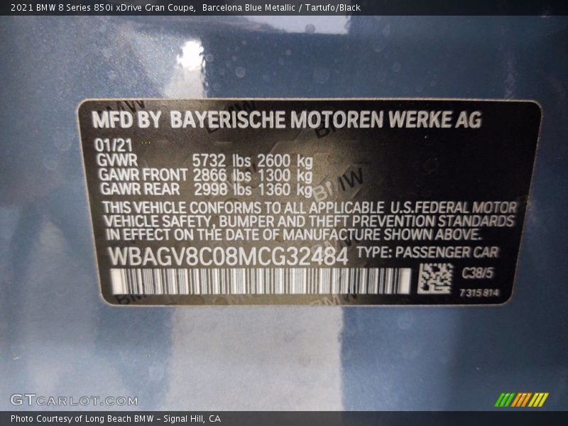 2021 8 Series 850i xDrive Gran Coupe Barcelona Blue Metallic Color Code C38