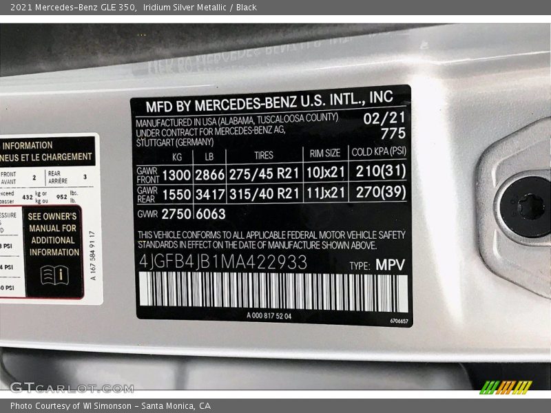 2021 GLE 350 Iridium Silver Metallic Color Code 775
