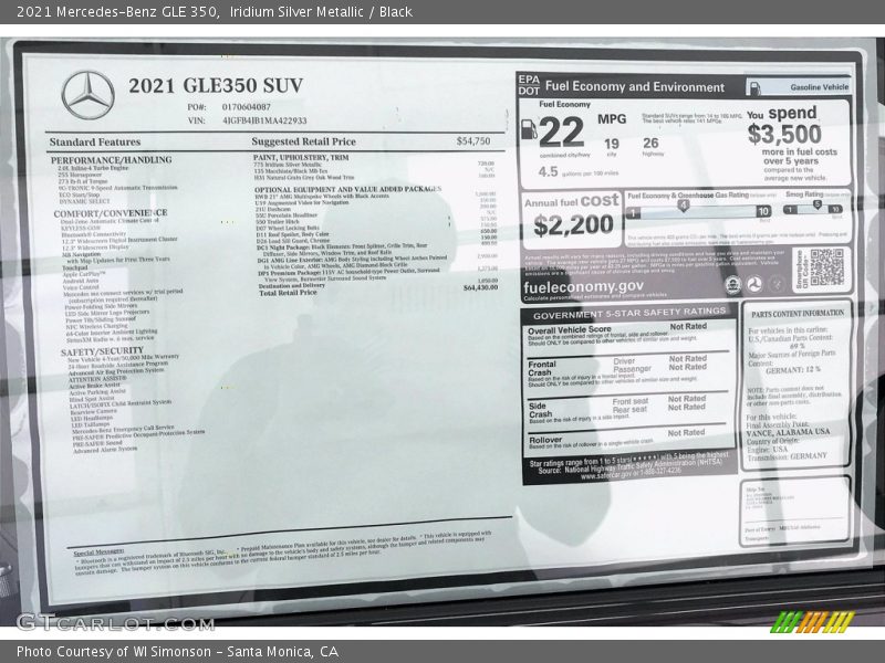  2021 GLE 350 Window Sticker