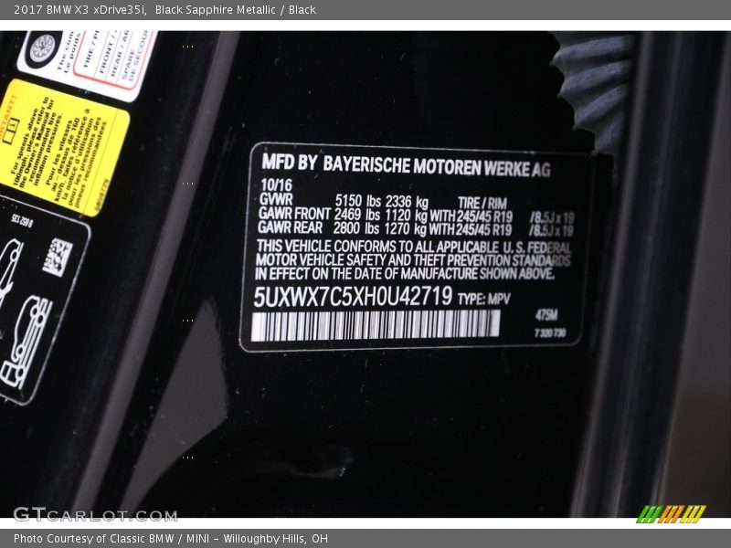 Black Sapphire Metallic / Black 2017 BMW X3 xDrive35i