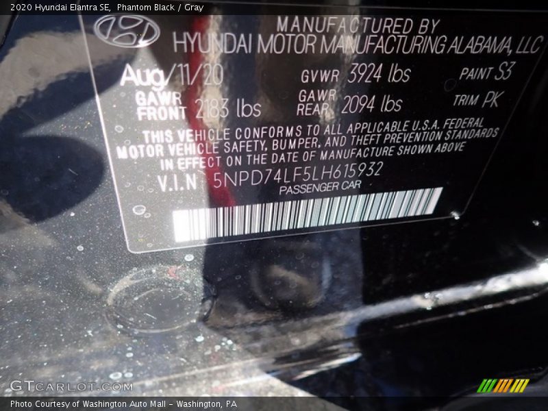 Phantom Black / Gray 2020 Hyundai Elantra SE