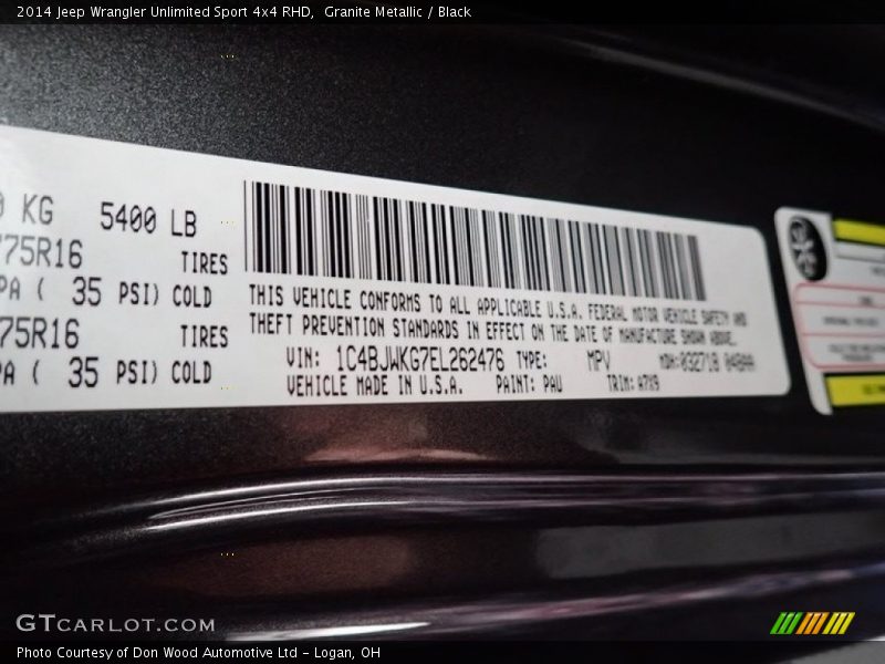 2014 Wrangler Unlimited Sport 4x4 RHD Granite Metallic Color Code PAU