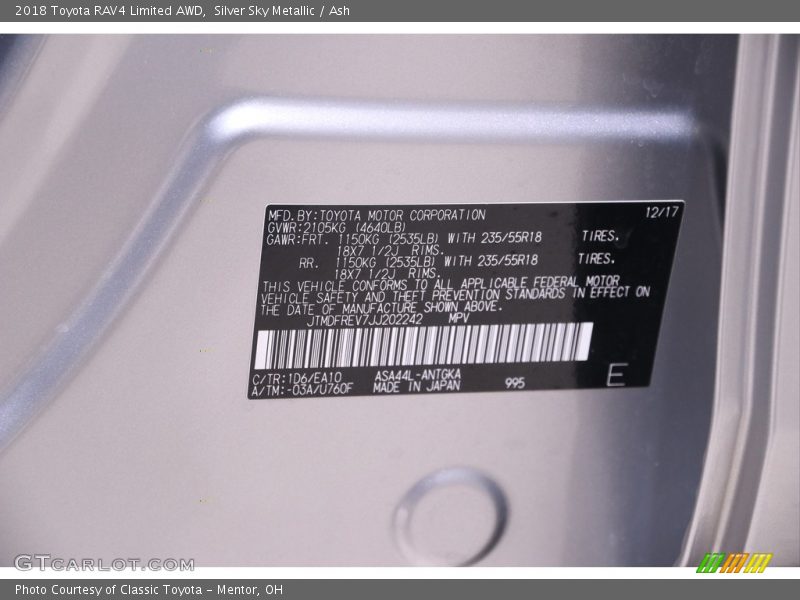 Silver Sky Metallic / Ash 2018 Toyota RAV4 Limited AWD