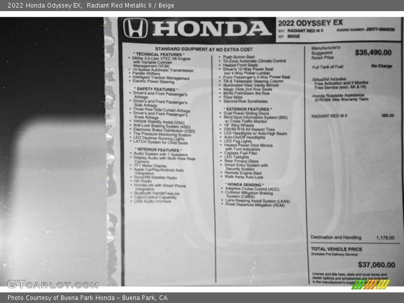  2022 Odyssey EX Window Sticker