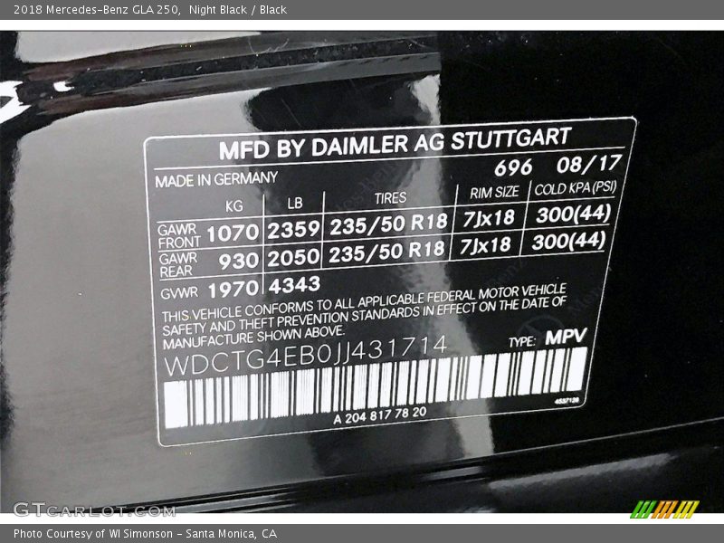 Night Black / Black 2018 Mercedes-Benz GLA 250