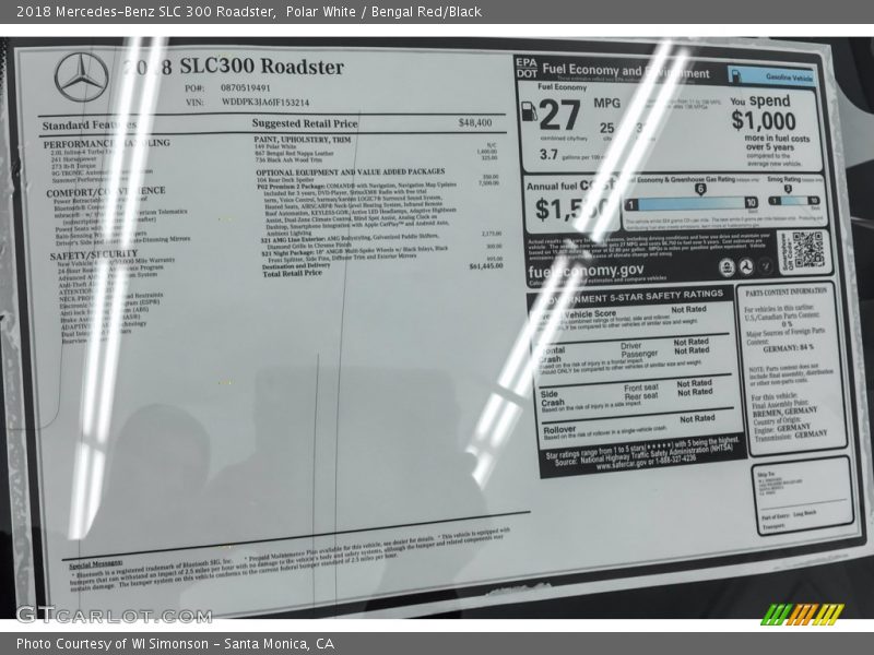  2018 SLC 300 Roadster Window Sticker