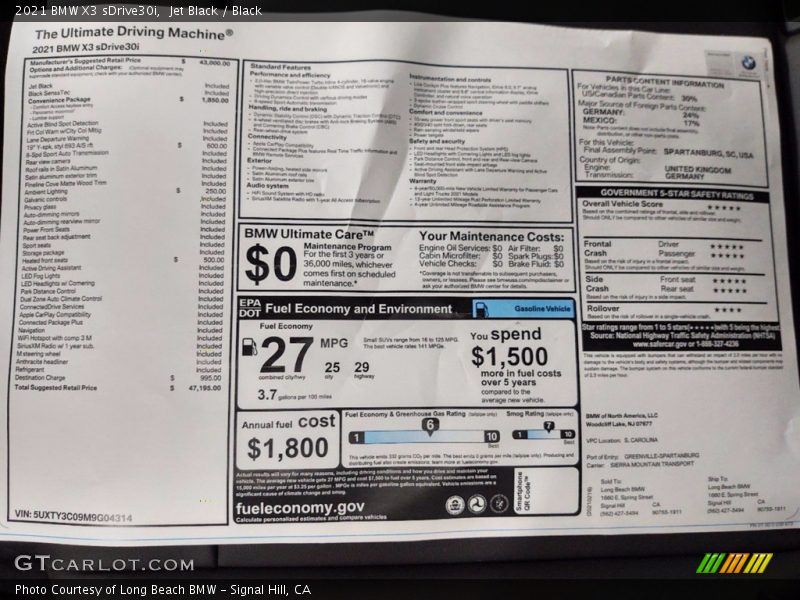  2021 X3 sDrive30i Window Sticker
