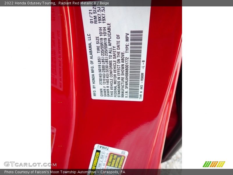 2022 Odyssey Touring Radiant Red Metallic II Color Code R580M