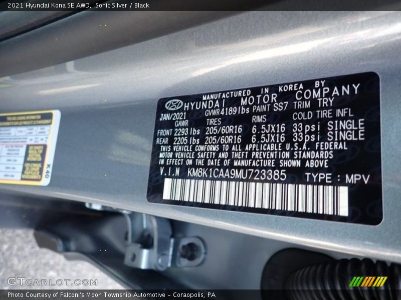 Sonic Silver / Black 2021 Hyundai Kona SE AWD