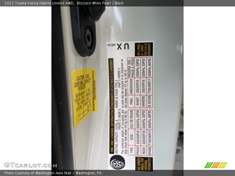 Blizzard White Pearl / Black 2021 Toyota Venza Hybrid Limited AWD