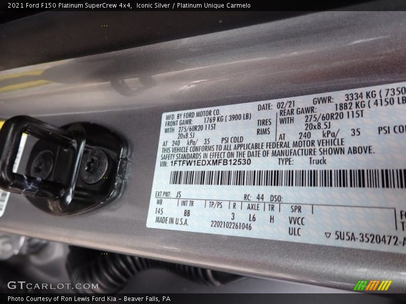 2021 F150 Platinum SuperCrew 4x4 Iconic Silver Color Code JS