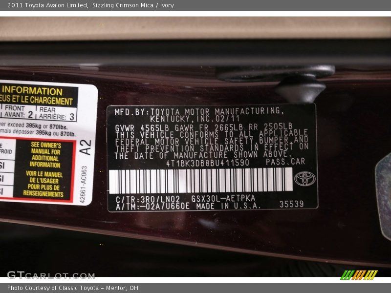 Sizzling Crimson Mica / Ivory 2011 Toyota Avalon Limited