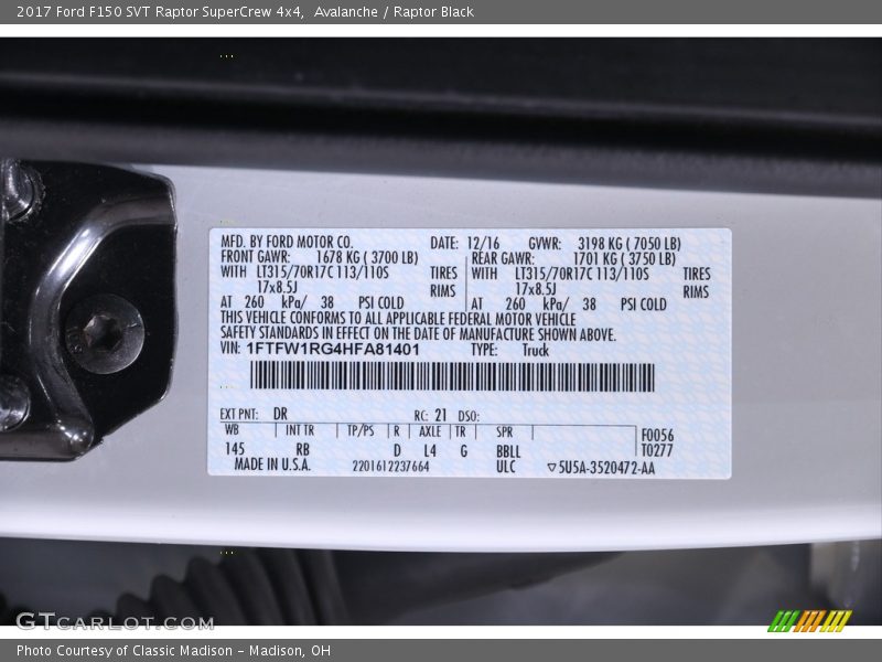 2017 F150 SVT Raptor SuperCrew 4x4 Avalanche Color Code DR