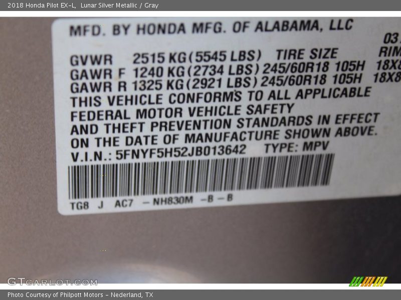 Lunar Silver Metallic / Gray 2018 Honda Pilot EX-L