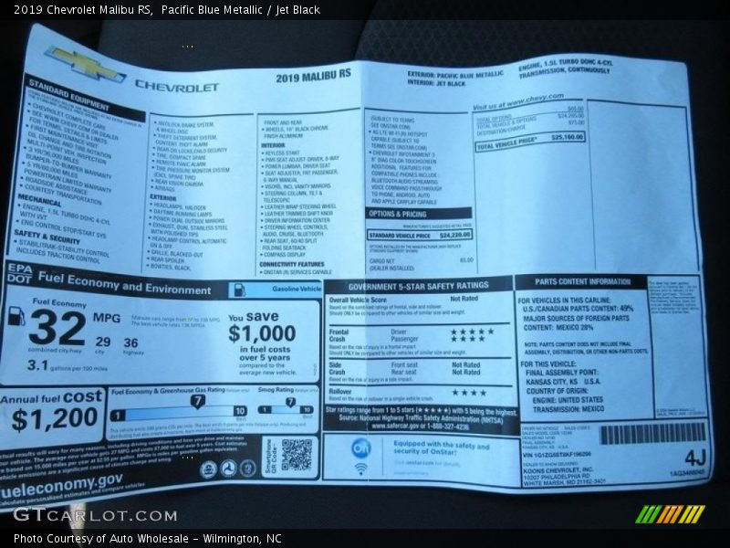 Pacific Blue Metallic / Jet Black 2019 Chevrolet Malibu RS