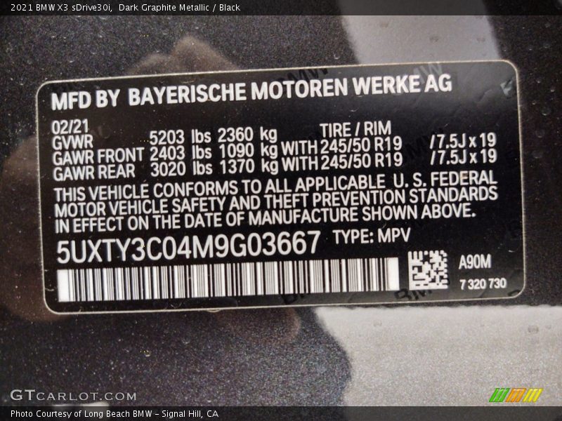 Dark Graphite Metallic / Black 2021 BMW X3 sDrive30i