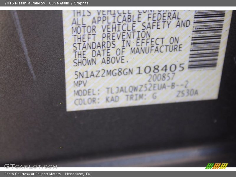 2016 Murano SV Gun Metallic Color Code KAD