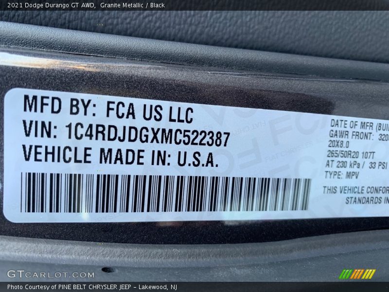 Granite Metallic / Black 2021 Dodge Durango GT AWD