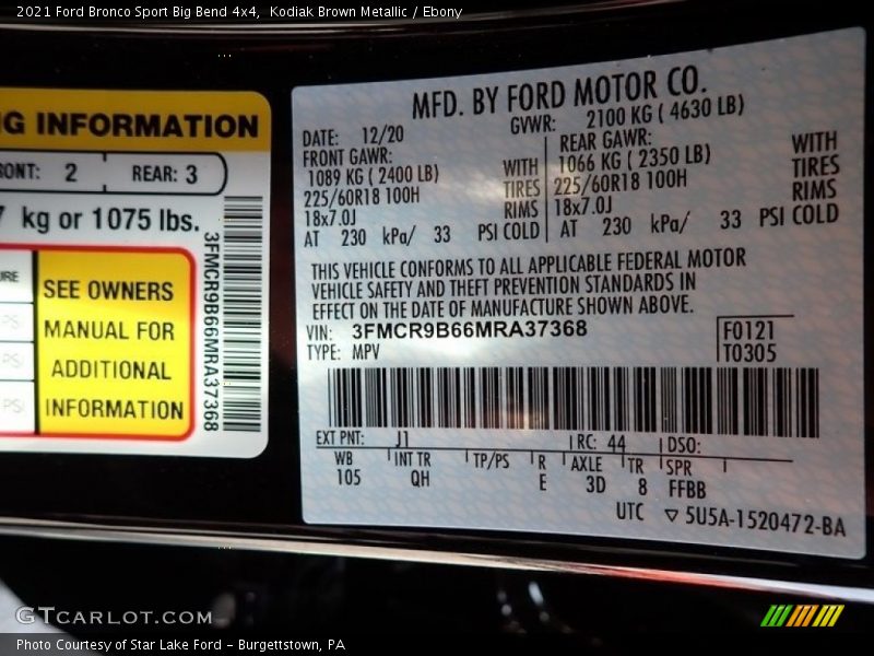 2021 Bronco Sport Big Bend 4x4 Kodiak Brown Metallic Color Code J1