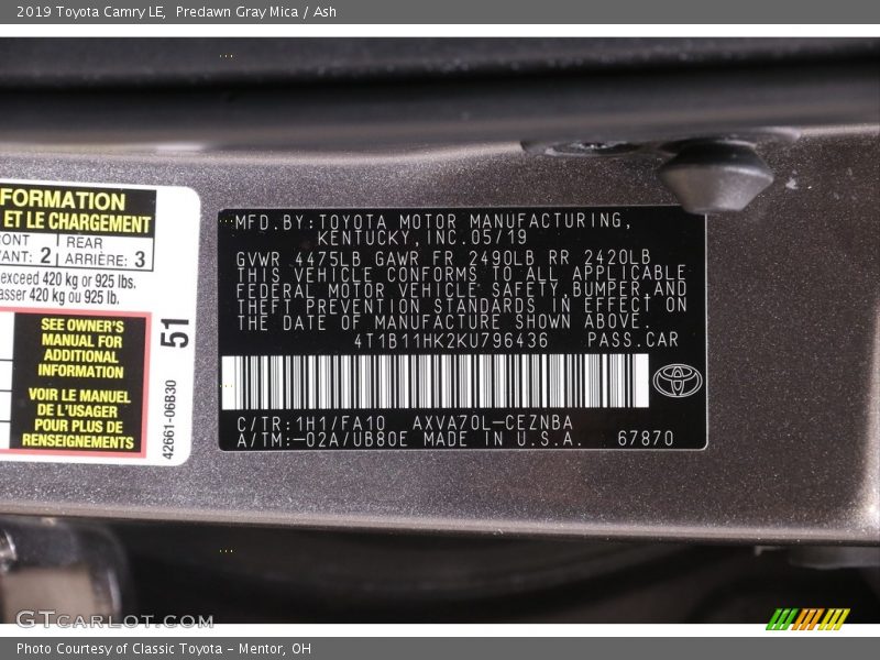 Predawn Gray Mica / Ash 2019 Toyota Camry LE