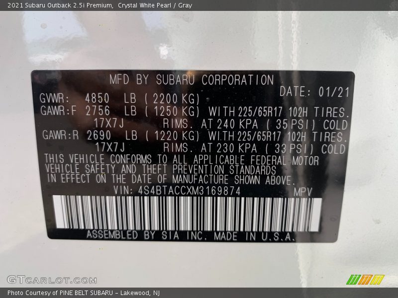 Crystal White Pearl / Gray 2021 Subaru Outback 2.5i Premium