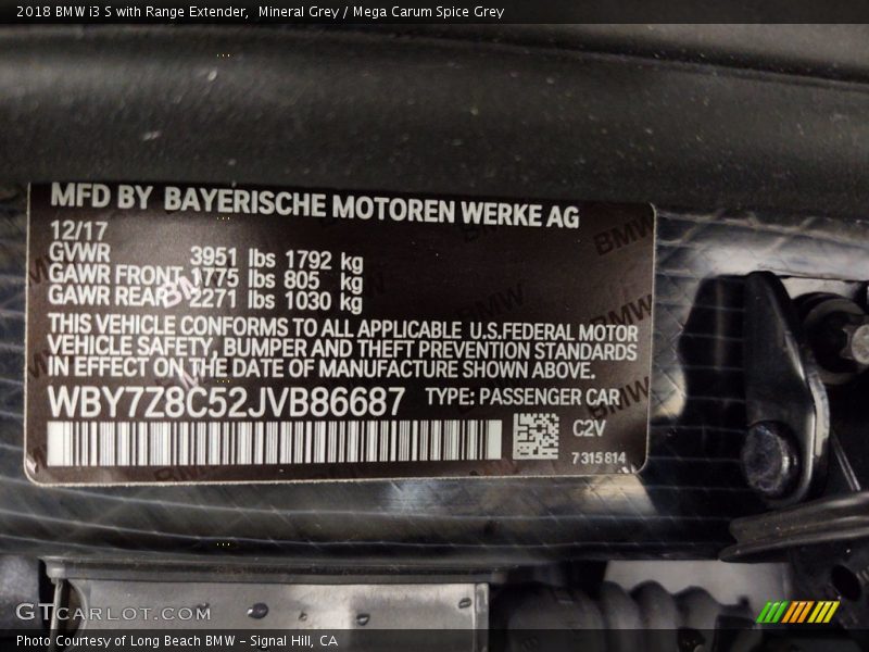 Mineral Grey / Mega Carum Spice Grey 2018 BMW i3 S with Range Extender