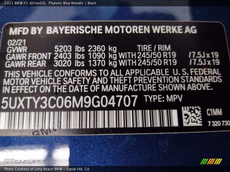 Phytonic Blue Metallic / Black 2021 BMW X3 sDrive30i