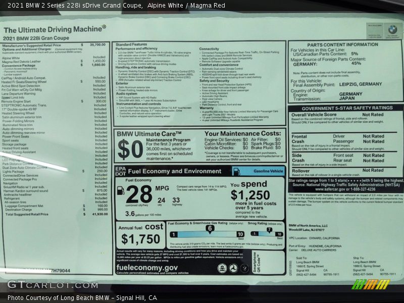 Alpine White / Magma Red 2021 BMW 2 Series 228i sDrive Grand Coupe