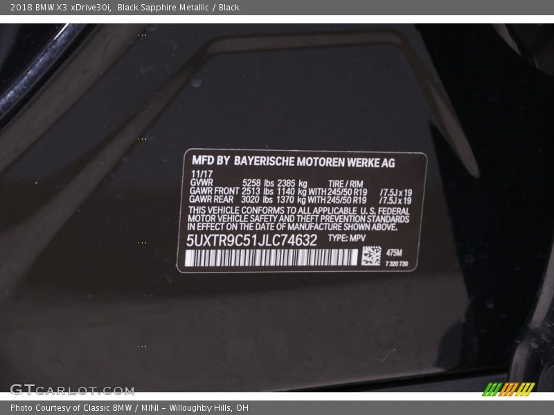 Black Sapphire Metallic / Black 2018 BMW X3 xDrive30i