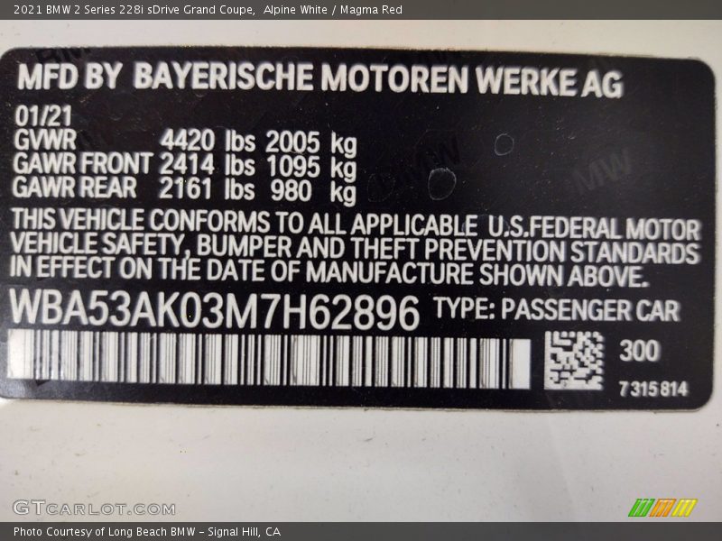 Alpine White / Magma Red 2021 BMW 2 Series 228i sDrive Grand Coupe