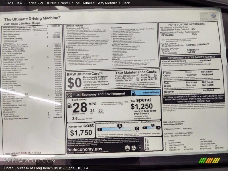 Mineral Gray Metallic / Black 2021 BMW 2 Series 228i sDrive Grand Coupe