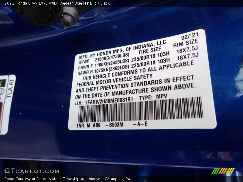 Aegean Blue Metallic / Black 2021 Honda CR-V EX-L AWD