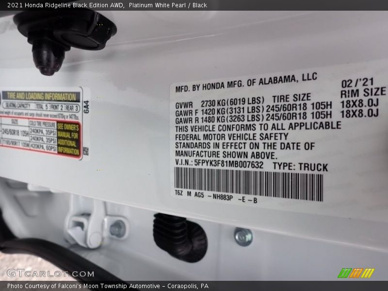 Platinum White Pearl / Black 2021 Honda Ridgeline Black Edition AWD