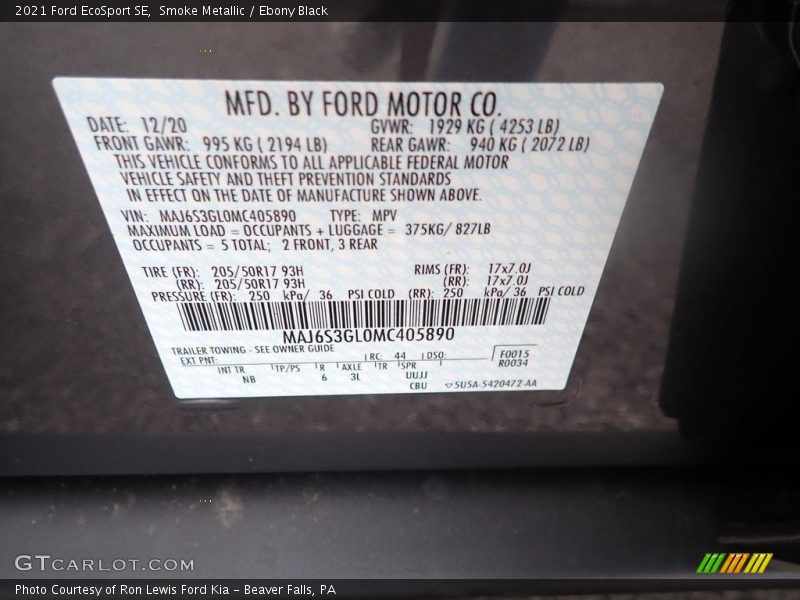 Smoke Metallic / Ebony Black 2021 Ford EcoSport SE