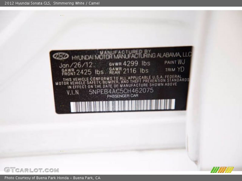Shimmering White / Camel 2012 Hyundai Sonata GLS