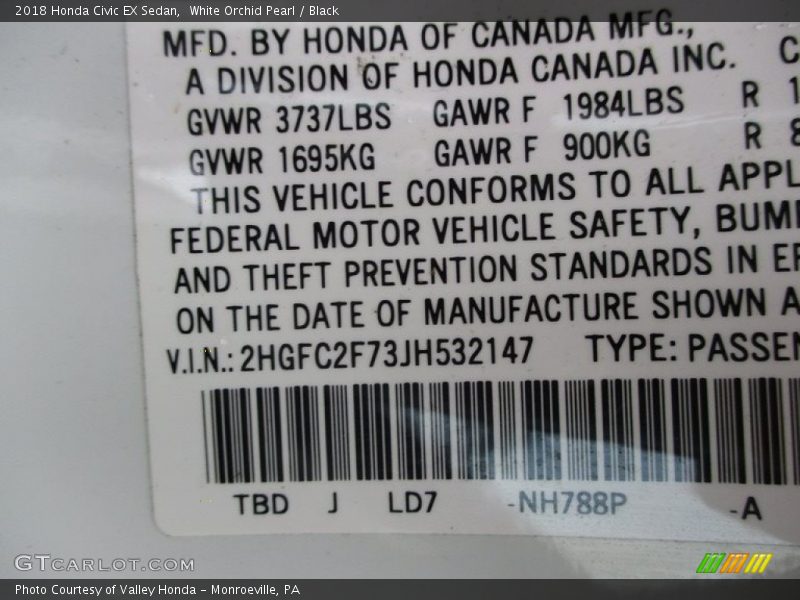 White Orchid Pearl / Black 2018 Honda Civic EX Sedan