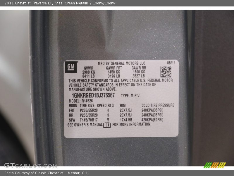 Steel Green Metallic / Ebony/Ebony 2011 Chevrolet Traverse LT
