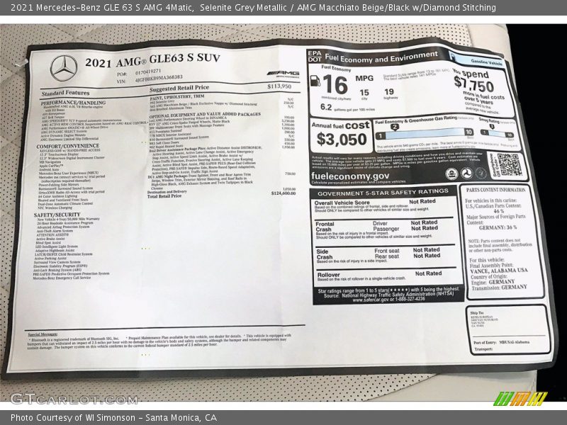  2021 GLE 63 S AMG 4Matic Window Sticker