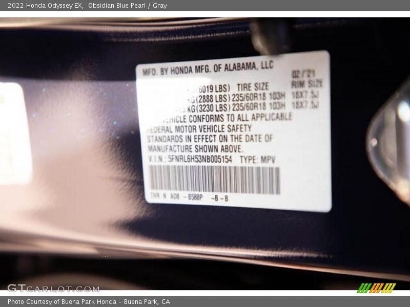 Obsidian Blue Pearl / Gray 2022 Honda Odyssey EX
