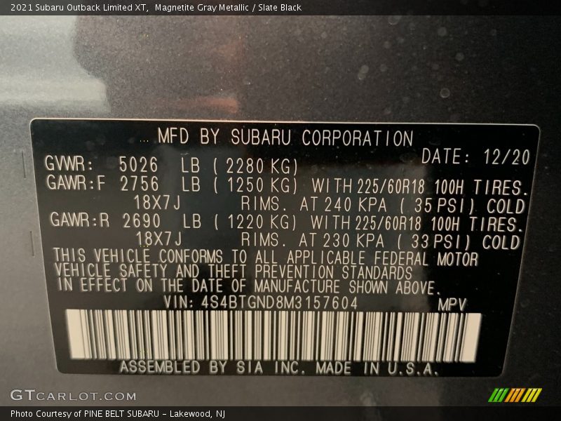 Magnetite Gray Metallic / Slate Black 2021 Subaru Outback Limited XT