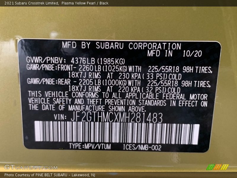 Plasma Yellow Pearl / Black 2021 Subaru Crosstrek Limited
