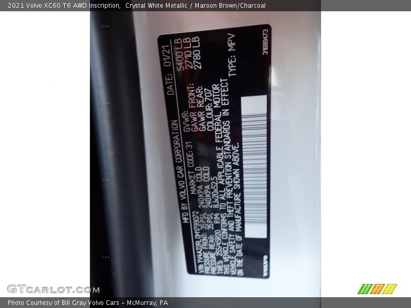 Crystal White Metallic / Maroon Brown/Charcoal 2021 Volvo XC60 T6 AWD Inscription