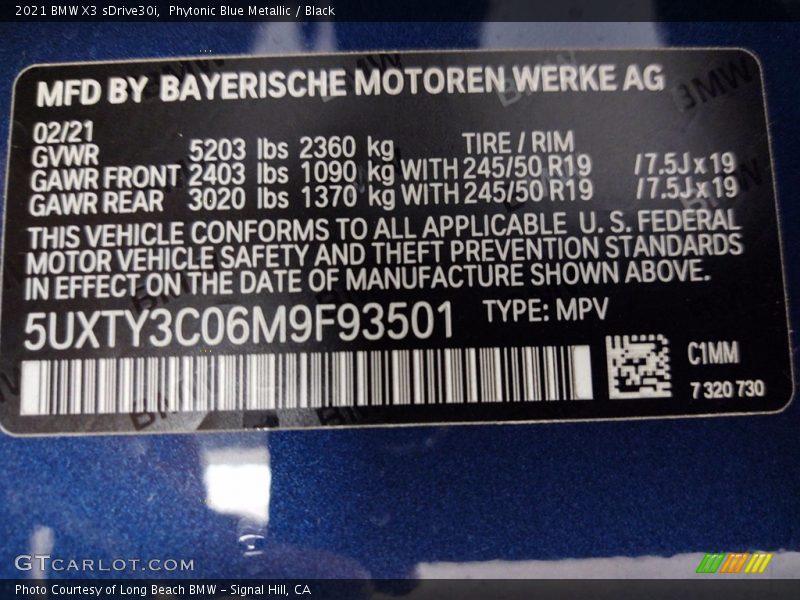 Phytonic Blue Metallic / Black 2021 BMW X3 sDrive30i