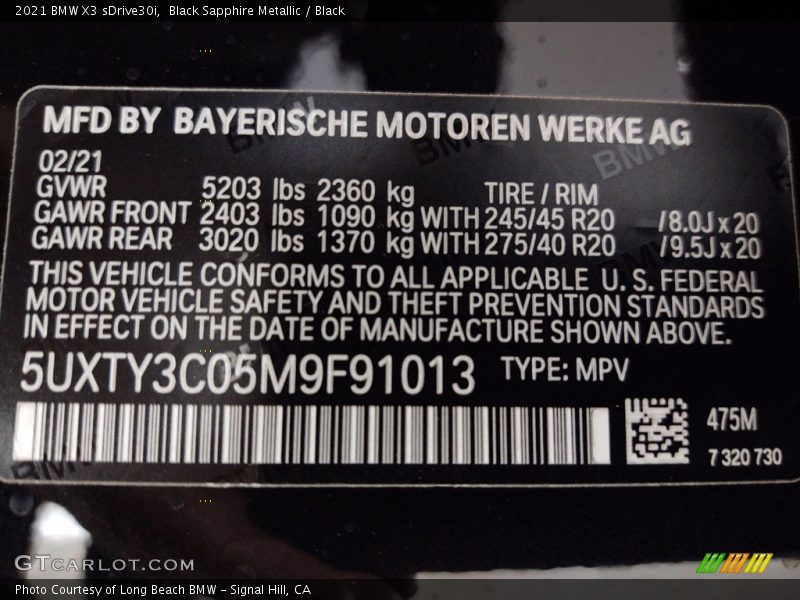 Black Sapphire Metallic / Black 2021 BMW X3 sDrive30i