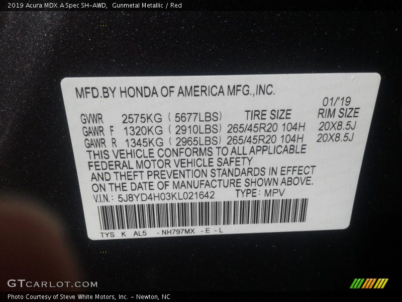 2019 MDX A Spec SH-AWD Gunmetal Metallic Color Code NH797MX