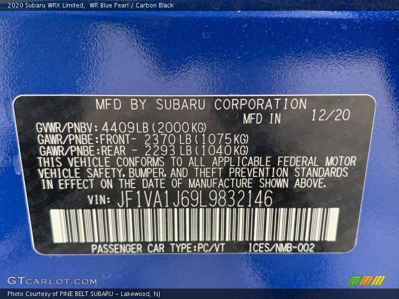WR Blue Pearl / Carbon Black 2020 Subaru WRX Limited