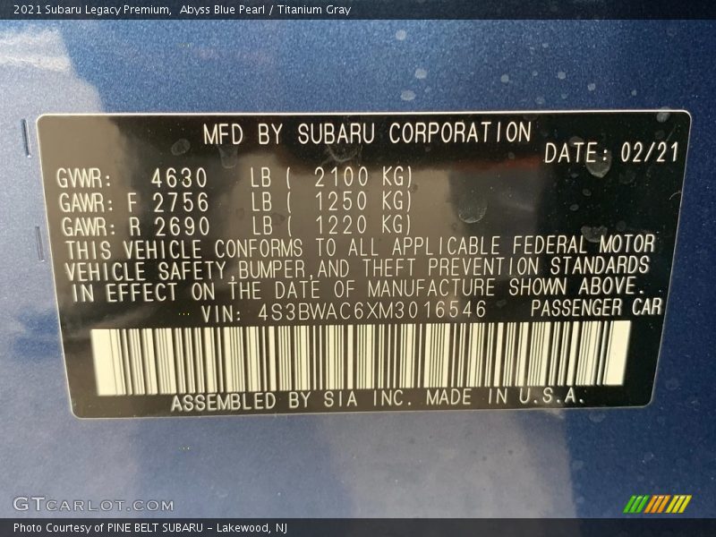 Abyss Blue Pearl / Titanium Gray 2021 Subaru Legacy Premium