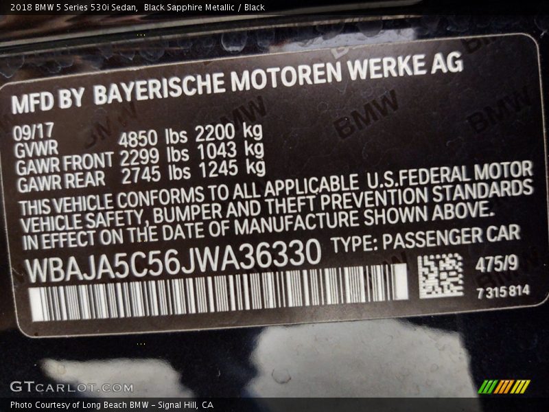 Black Sapphire Metallic / Black 2018 BMW 5 Series 530i Sedan